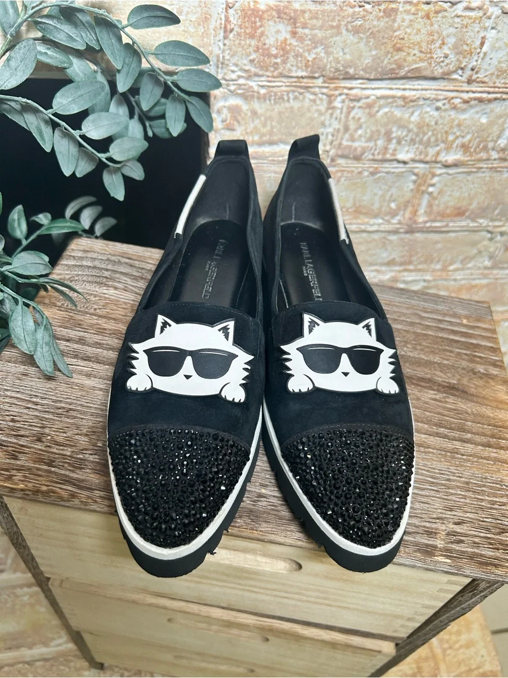 Karl Lagerfeld Paris Choupette Cat Crystal Toe Loafers Black Size 8.5 #18